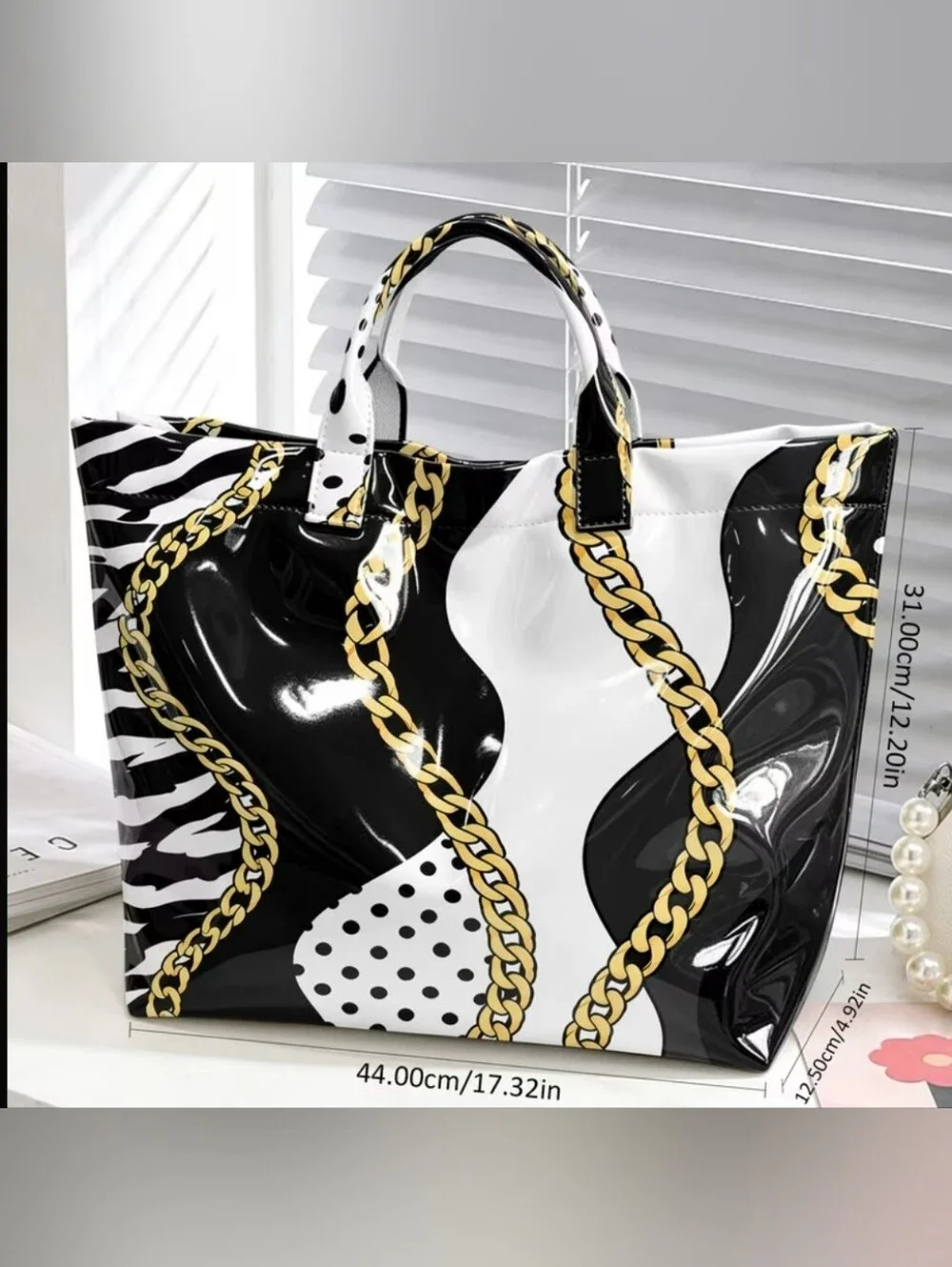 Women Animal Chain Print Glossy Hand Tote Bag Large Daily Commuter Tote